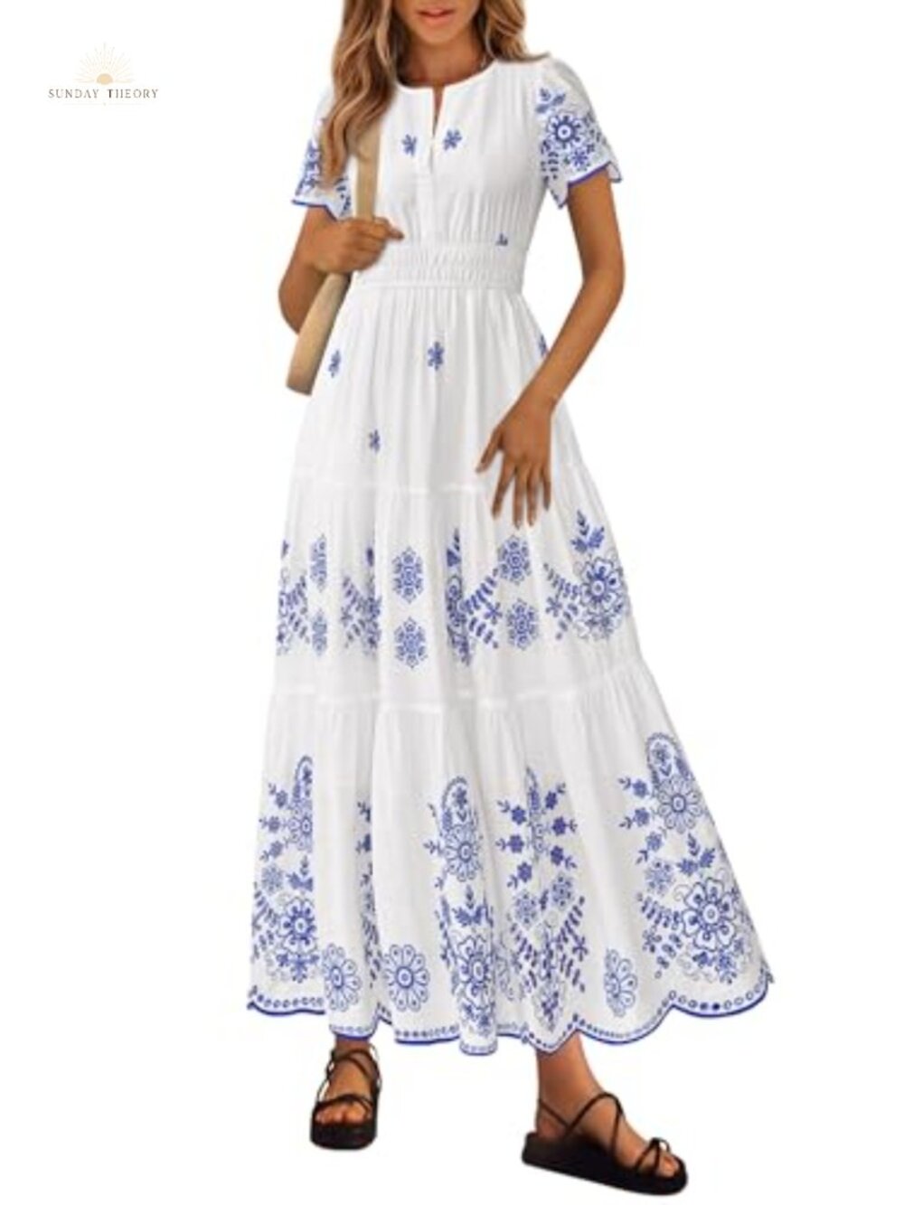 Boho Floral Maxi Dress V-Neck Short Sleeve Tiered Cotton